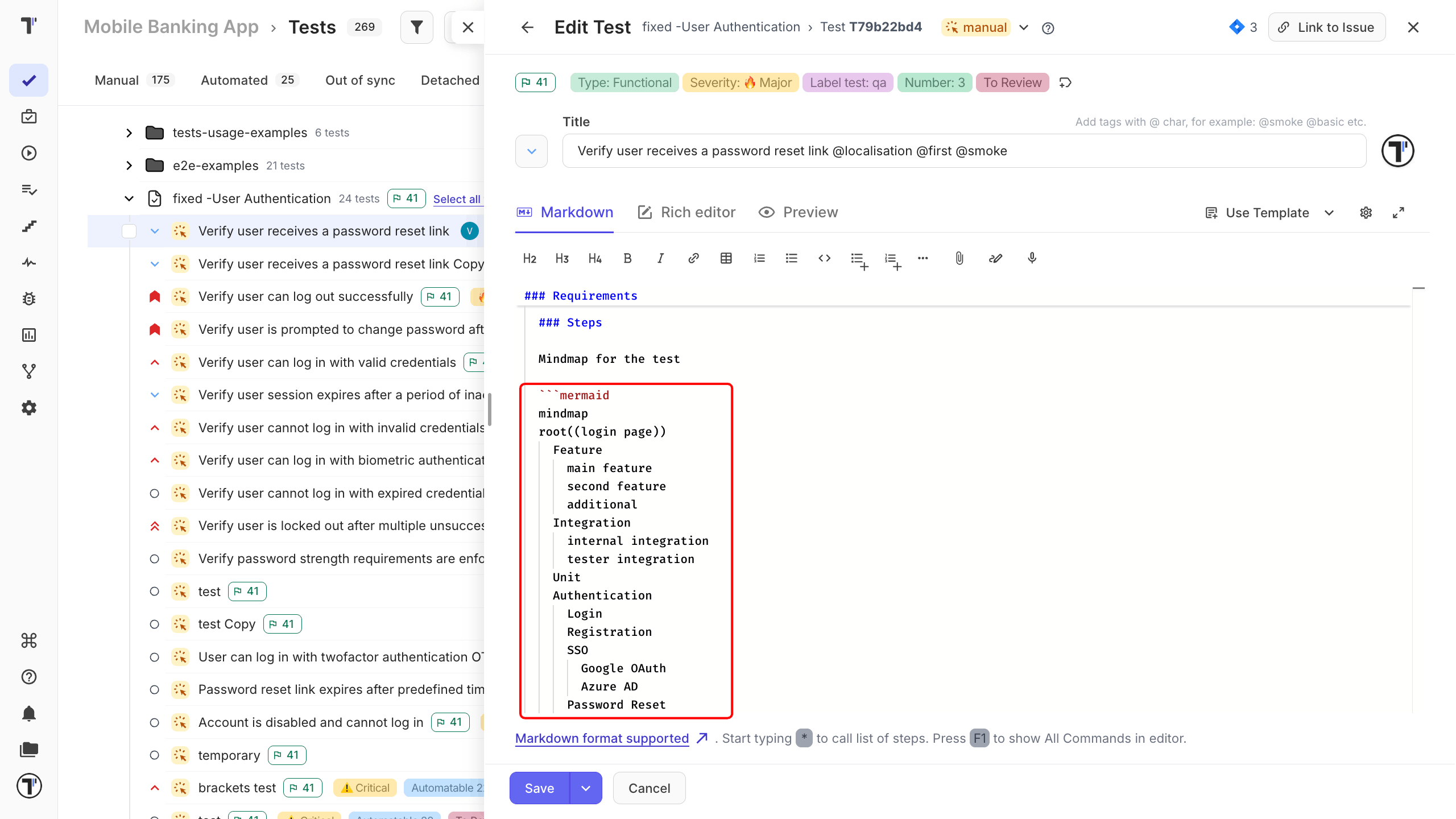 The Markdown tab of the test editor with a Mermaid flowchart block