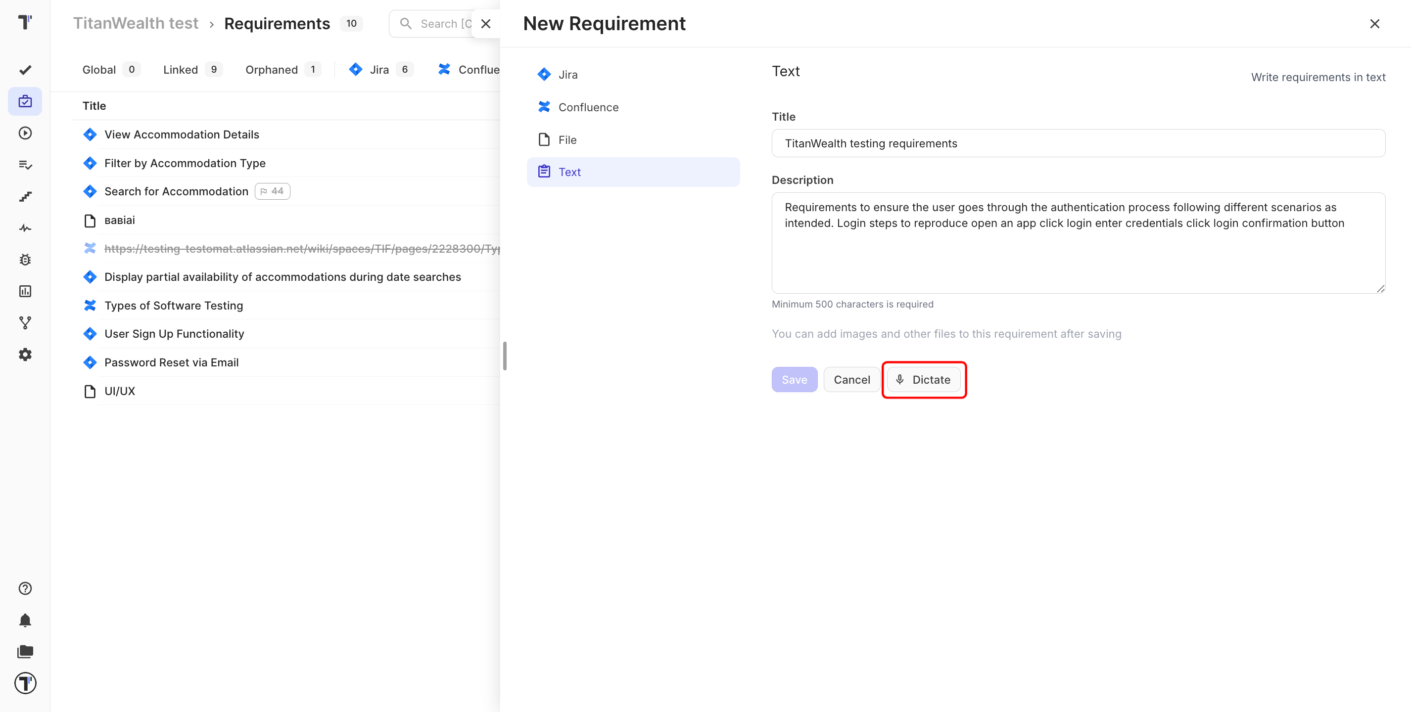 The New Requirement form with the Stop button active while recording